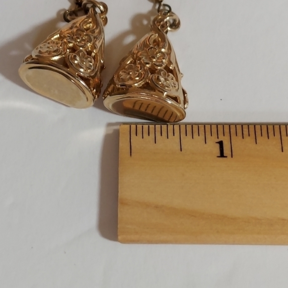 Vintage Goldtone Flower Filigree Pierced Dangled Earrings Wire Hooks - Picture 8 of 10